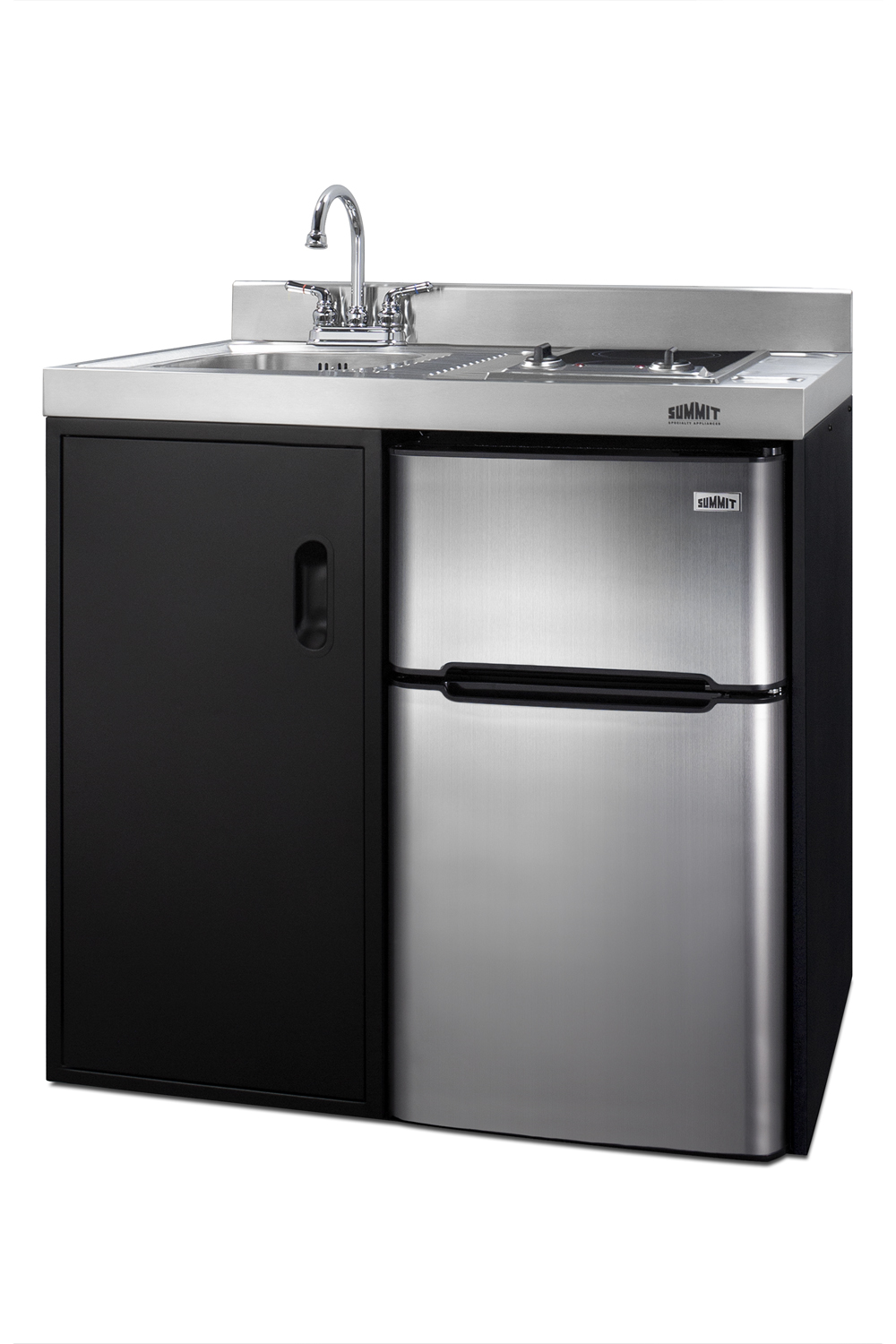 36 inch wide all-in-one kitchenette in black with a 2-burner 115V smooth-top cooktop, 2-door refrigerator-freezer, sink, and storage cabinet